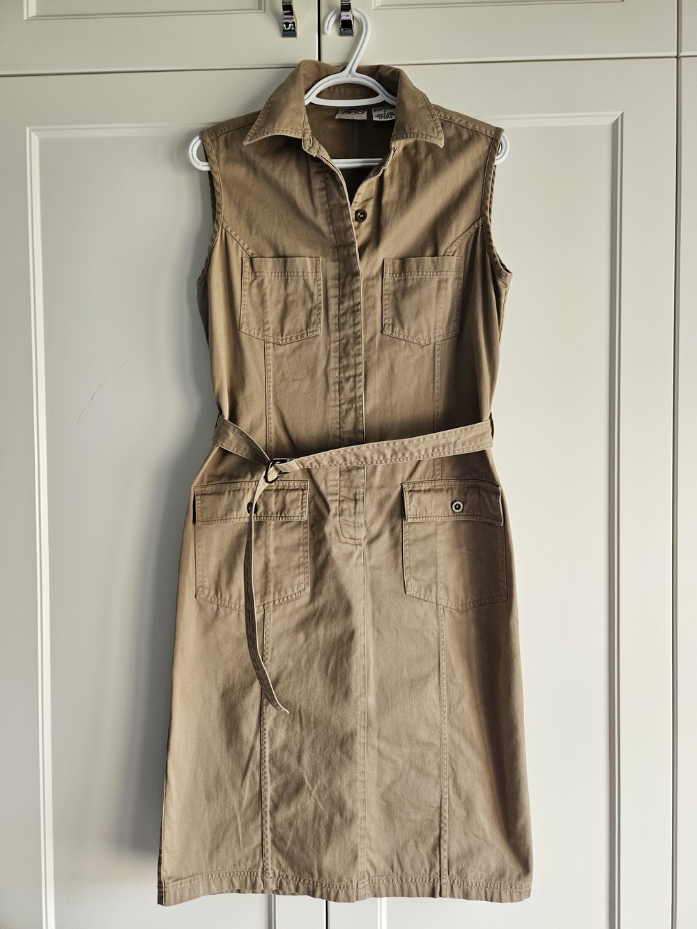 Sleeveless Khaki Utility Shirt Dress with Belt